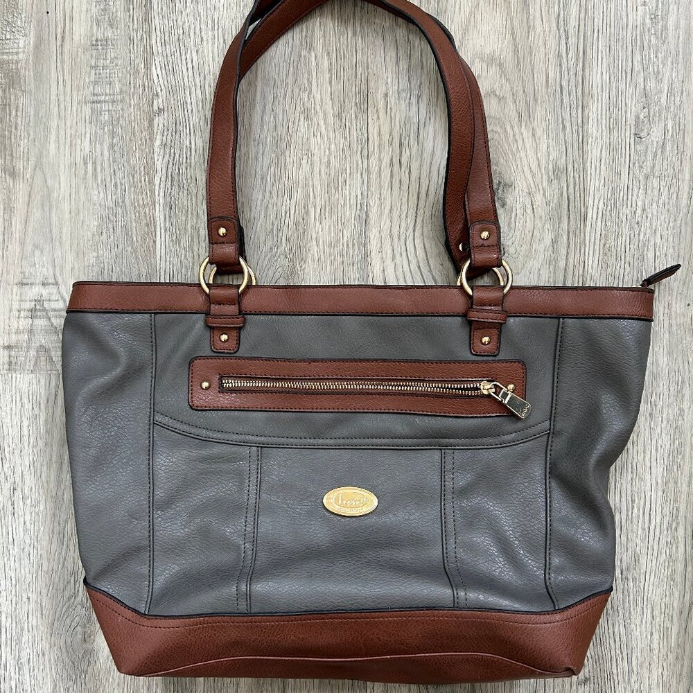B.Ø.C Gray Brown Faux Leather Tote Shoulder Bag Boho Vegan Casual L